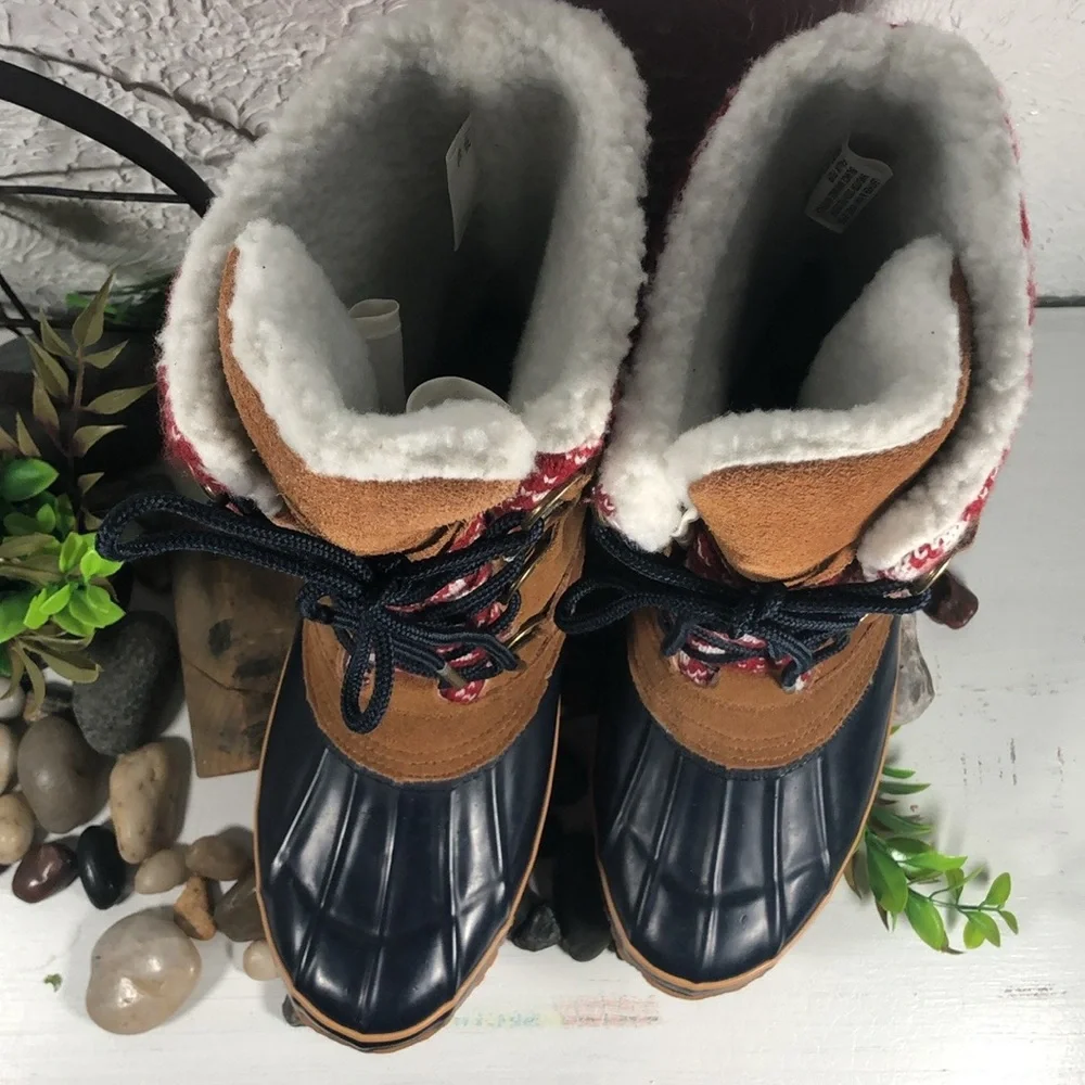 KHOMBU Sherpa Lined Duck Boots Sweater Print Lace Up Boots